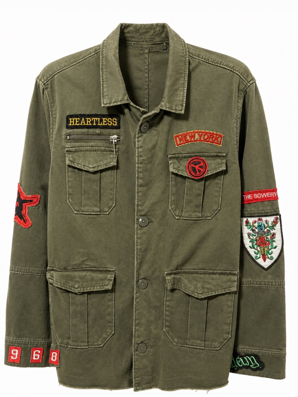 Elan Olive Green Military Jacket with Red Embroidered Patches